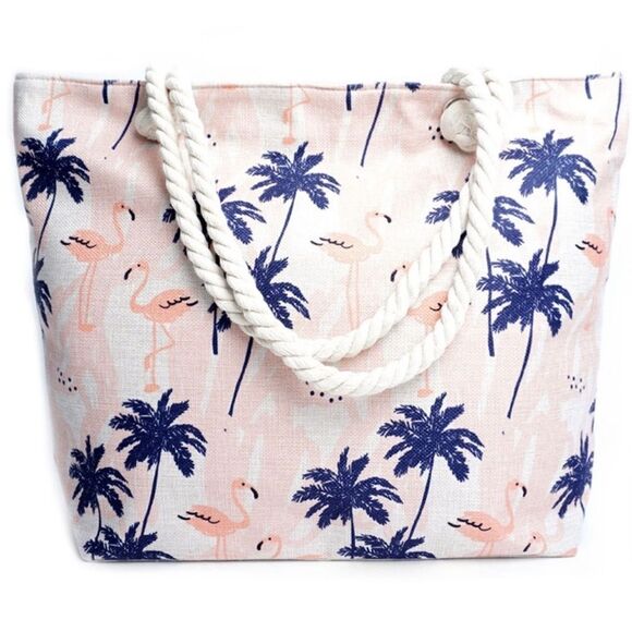 Sand Navy Palm Tree Flamingo Summer Zippered Tote Bag NWT - Picture 4 of 12